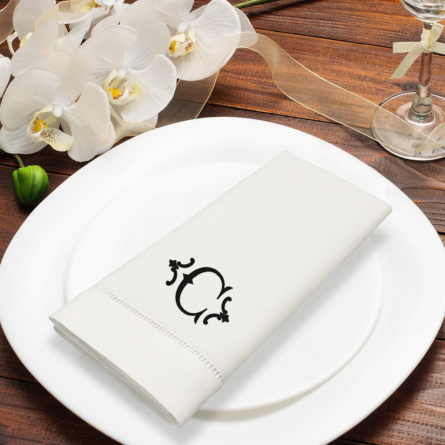 Servilletas de mesa de algodón de alta calidad con inicial bordada, paquete de 4, 20 x 20 pulgadas, lavables, diseño de vainica, elegantes
