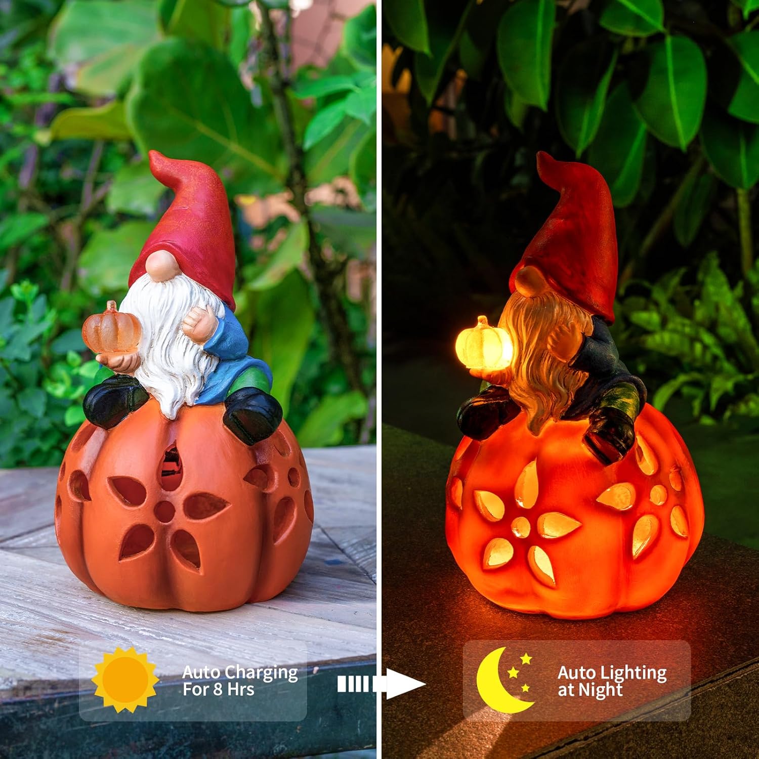 Estatuas solares de gnomo, decoración de primavera, gnomos de calabaza con luces LED, regalos de jardinería para mujeres, mamá, escultura artística