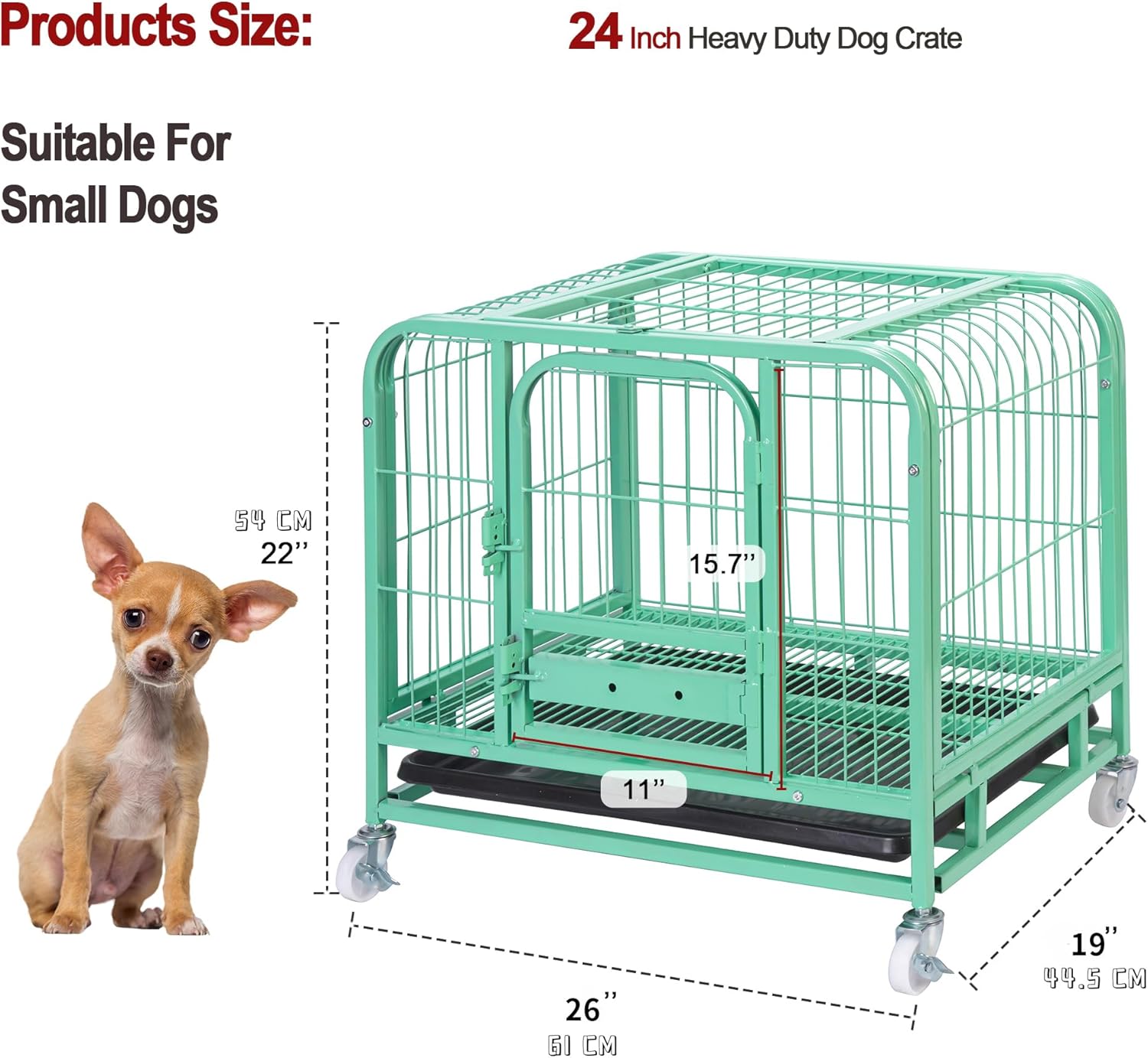 Jaula resistente para perros de metal verde fuerte con ruedas bloqueables y bandeja para perros pequeños de interior, 26 x 17 x 22 pulgadas