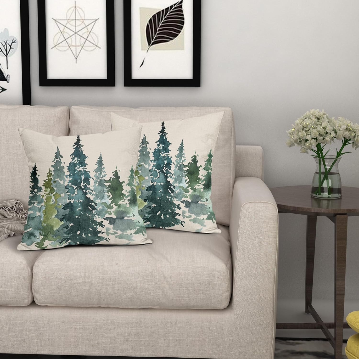 Juego de 2 fundas de almohada decorativas con diseño de árbol azul y verde en acuarela de 18 x 18 pulgadas, con temática de naturaleza, decoración