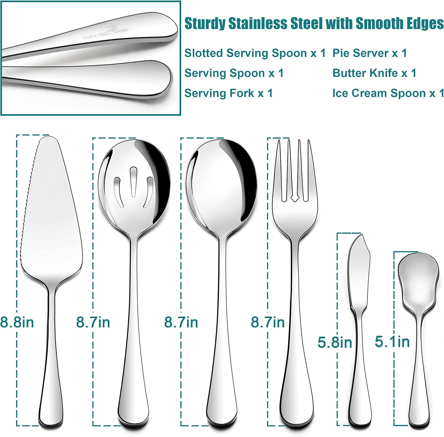 Homikit 6 utensilios de servir, juego de azafata de acero inoxidable, cubiertos de metal con cucharas de servir, tenedor, servidor de pastel,