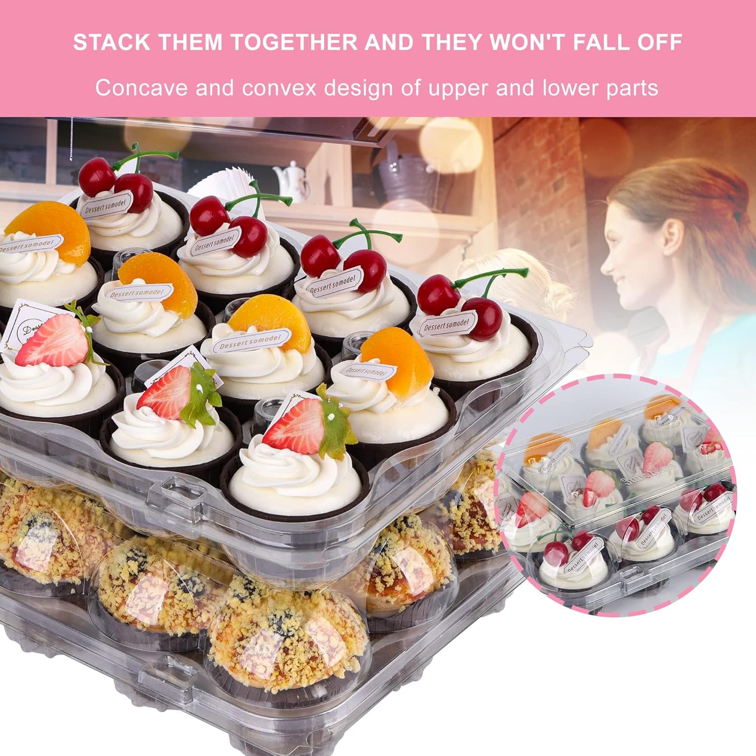 AUKUS (12 paquetes de 12 juegos de recipientes para cupcakes, soportes para cupcakes, cúpula profunda, desechables transparentes con 150 forros para