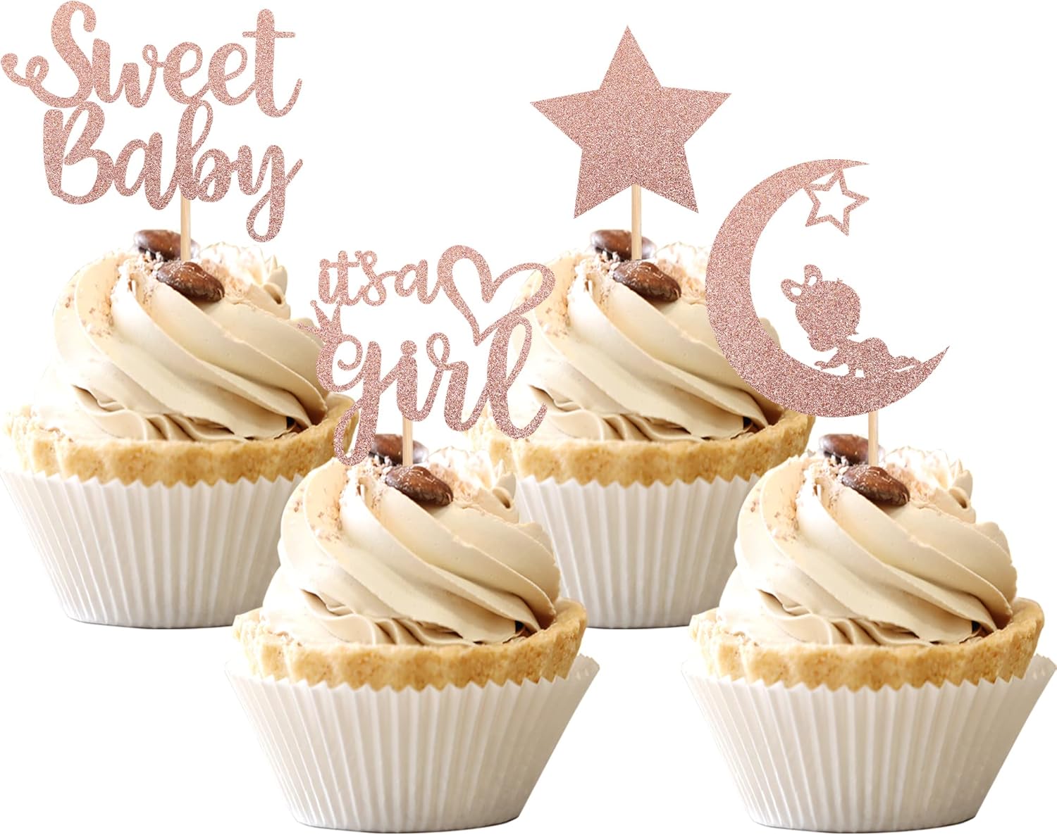 36 piezas de decoración para cupcakes para baby shower con luna con purpurina y estrella It’s a Girl Sweet Baby Reveal para cupcakes Baby Shower