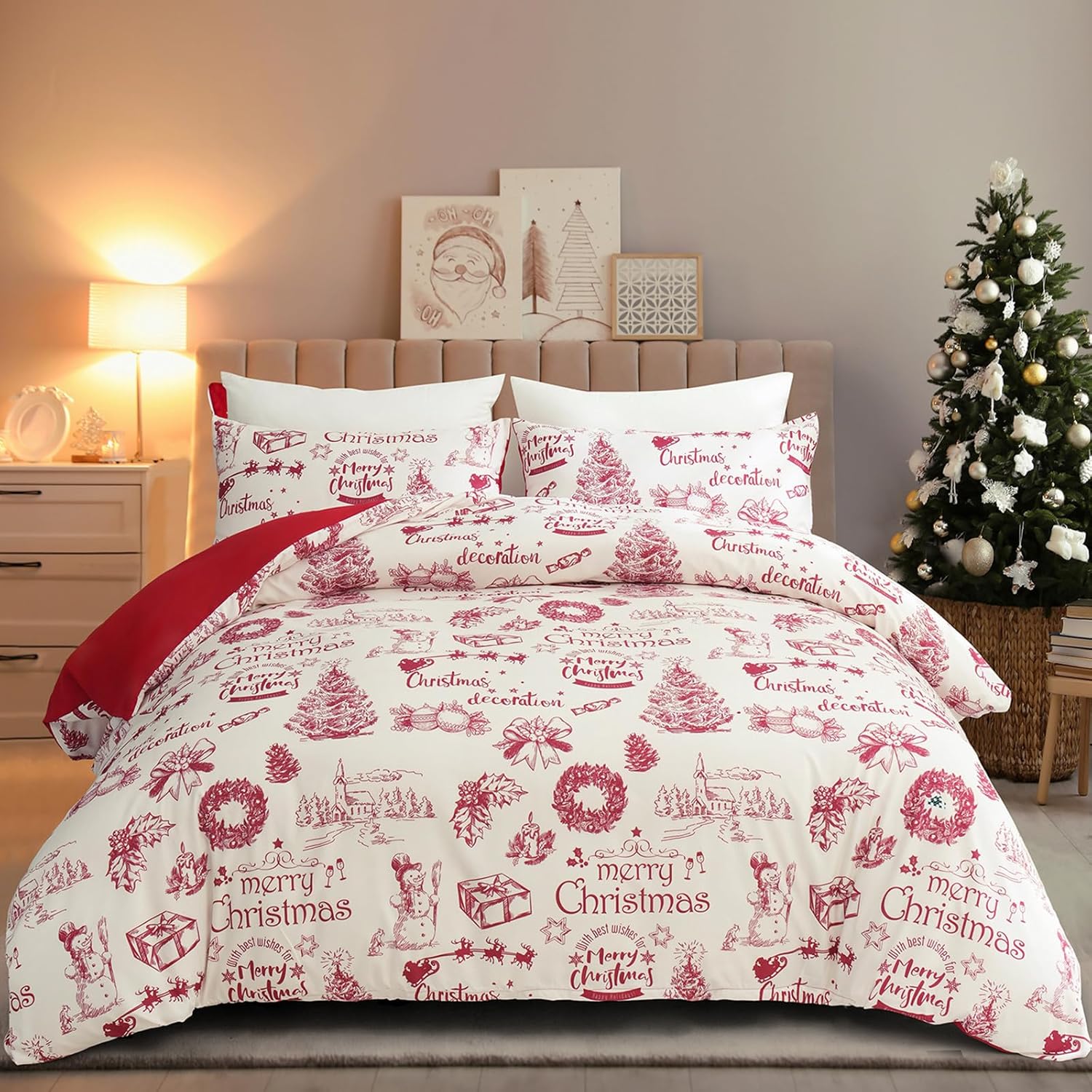 Yiran Juego de funda de edredón de Navidad tamaño King, árbol de Navidad, muñeco de nieve, aldea, funda de edredón de microfibra suave, 2 fundas de