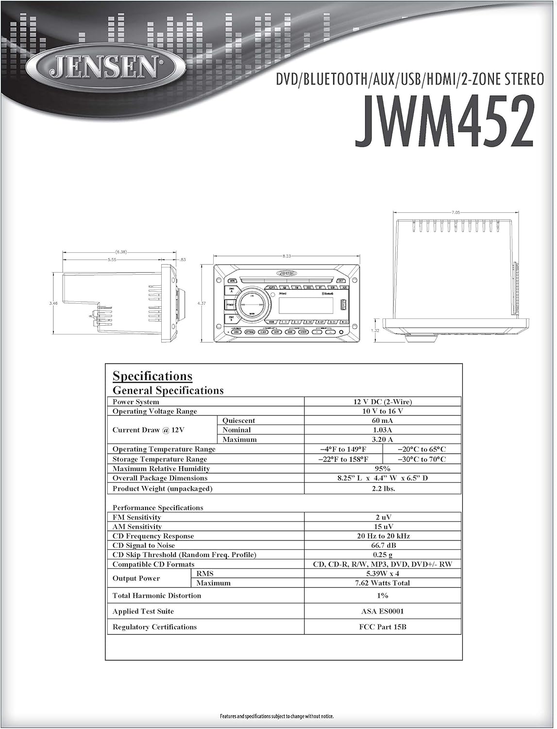 Jensen JWM452 – Zonas de 2 altavoces AMFMDVDBT  AUX  USB estéreo de montaje en pared, USB frontal con reproducción de MP3WMA, ranura DVDCD-RRW y MP3