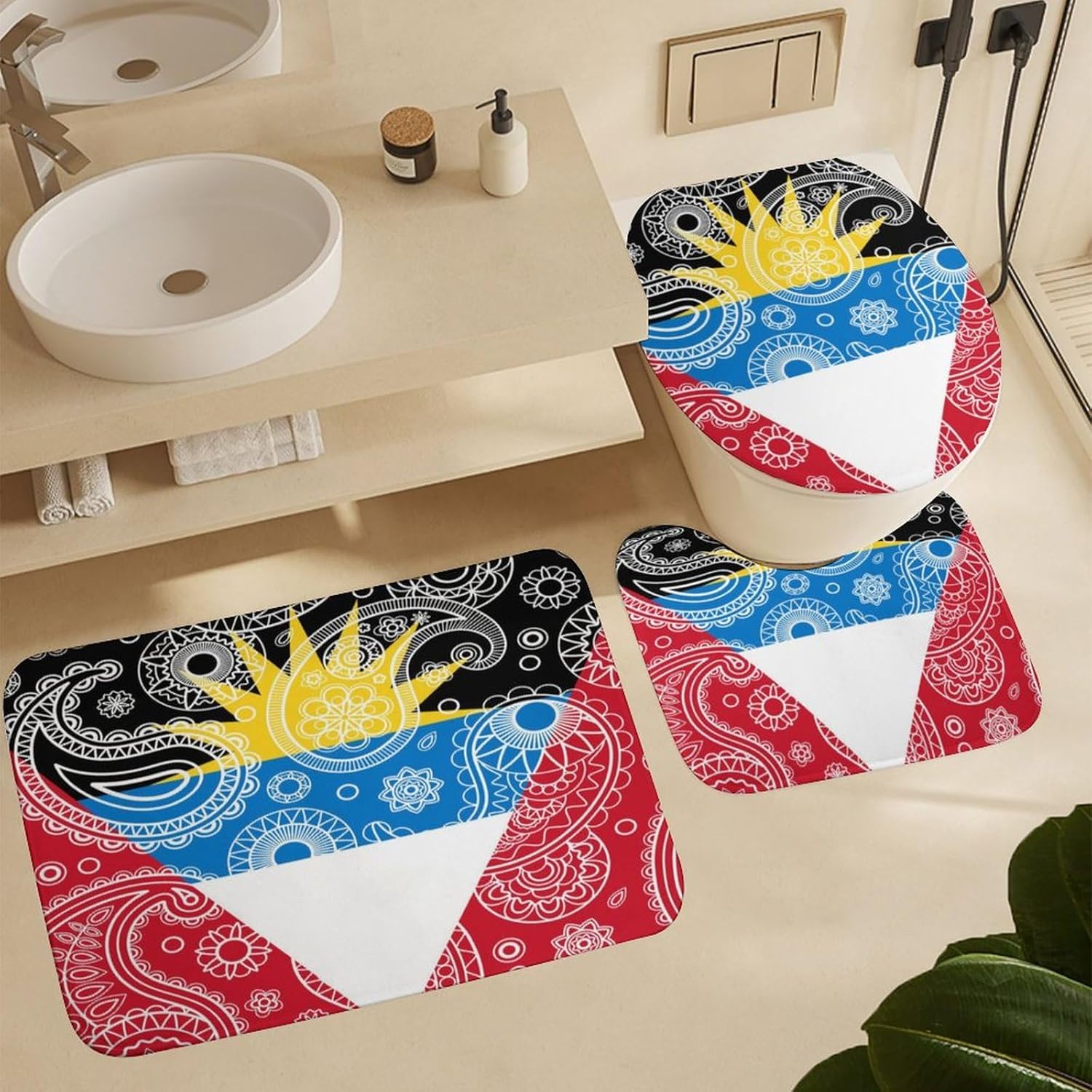 Juego de 4 cortinas de ducha con diseño de bandera de cachemira de Antigua y Barbuda, con alfombra antideslizante, cubierta suave para tapa de