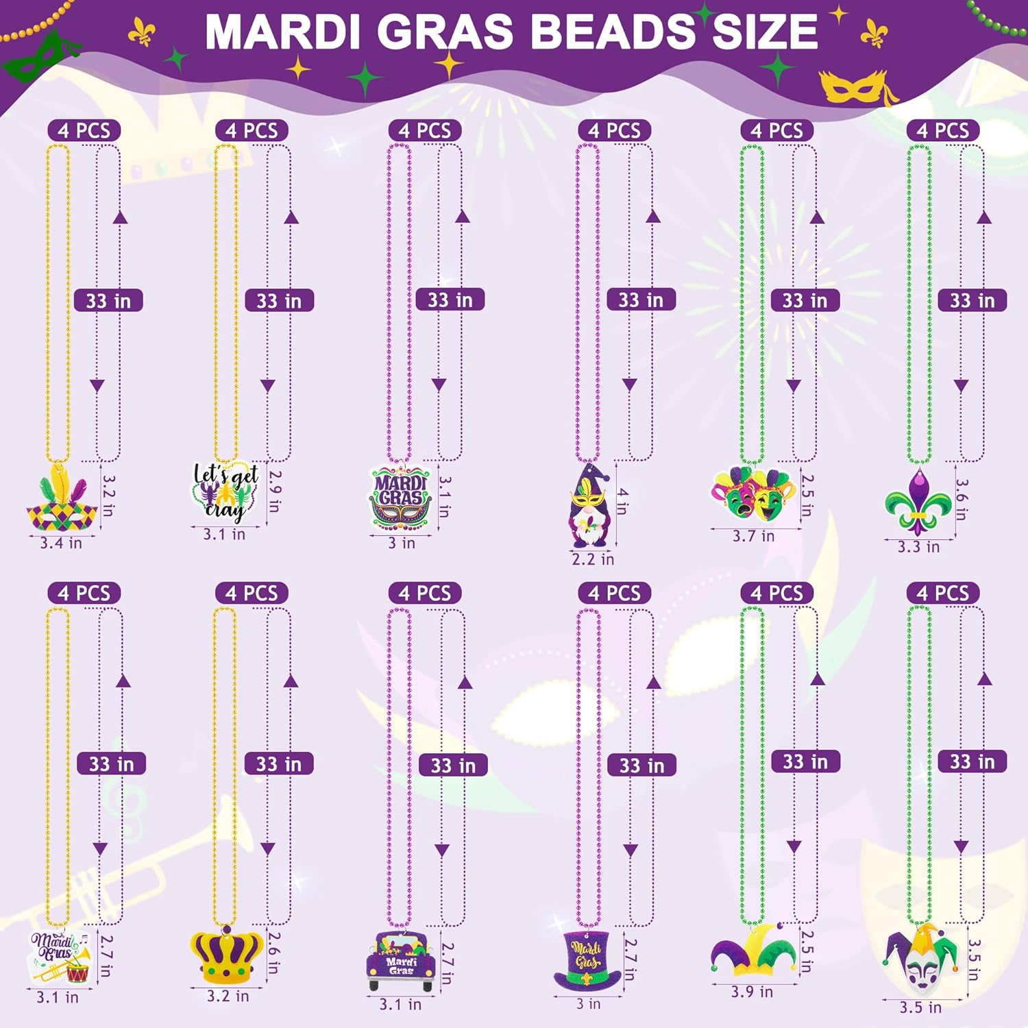 48 piezas de cuentas de Mardi Gras, collar de cuentas de Mardi Gras con colgante, 12 tipos de elementos, accesorios de oro verde, morado, dorado,