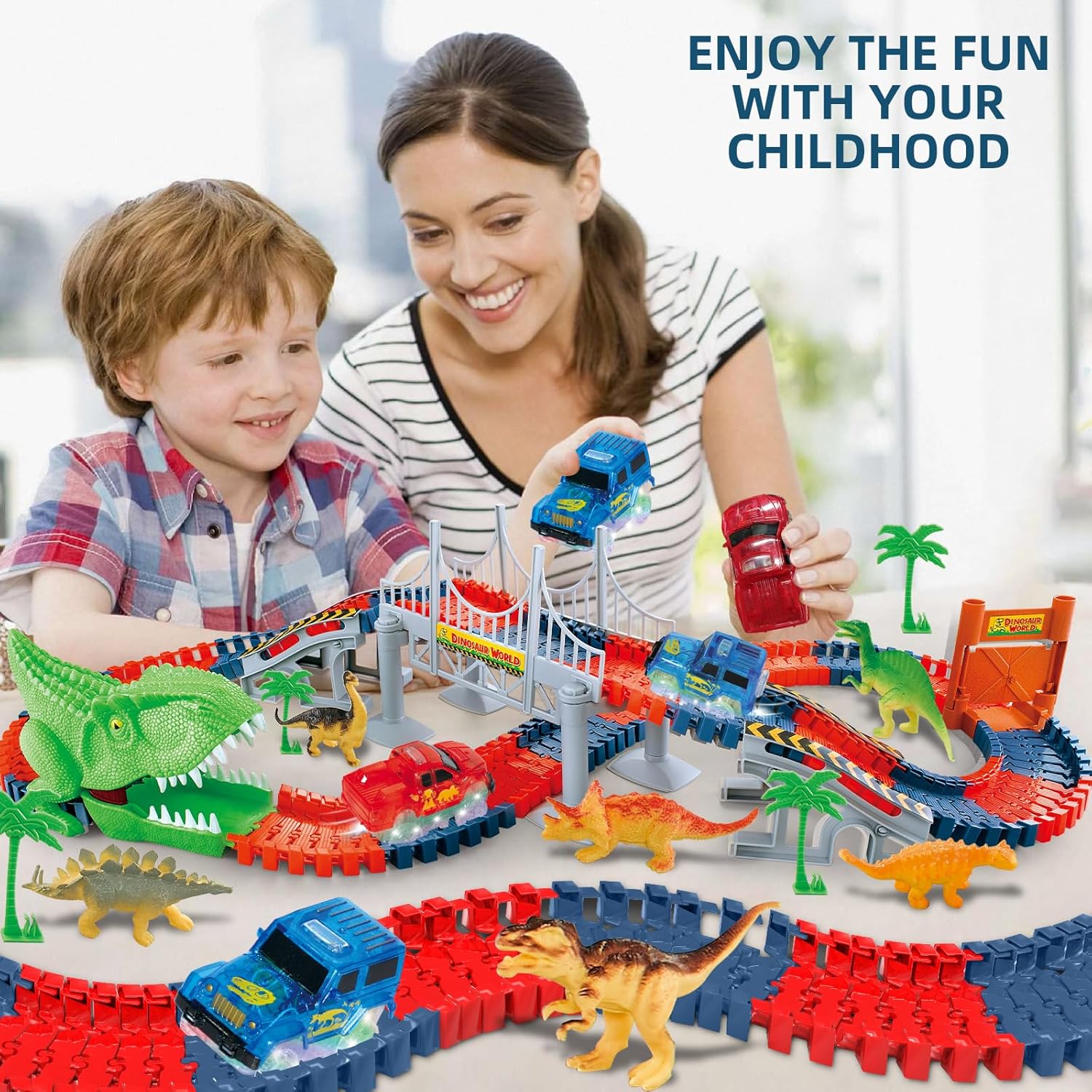Pista de autos de carreras de dinosaurios para niños pequeños, niñas, niños, pista flexible con 2 autos con luz LED para niños de 3, 4, 5, 6 años en