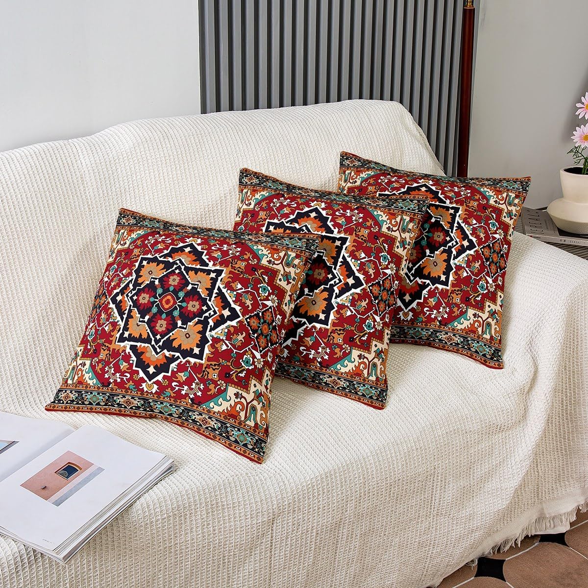 Juego de 2 fundas de almohada con diseño floral tribal de 20 x 20 pulgadas, fundas de almohada geométricas de flores rojas, verde azulado y verde,