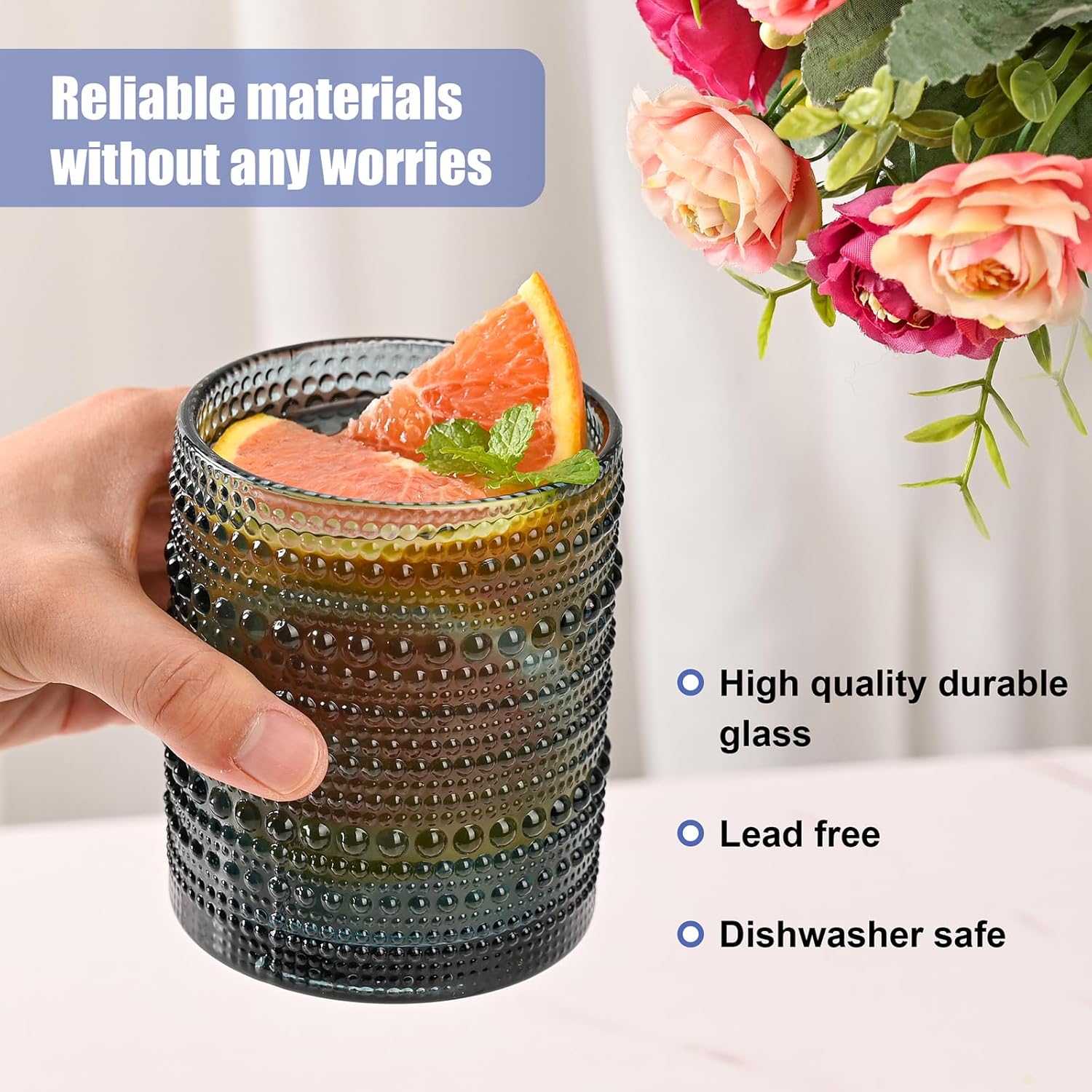 Juego de vasos de vidrio vintage de 6 vasos de vidrio de hobnail de 12 onzas, vaso de agua azul en relieve, para cerveza, cóctel, whisky, jugo y