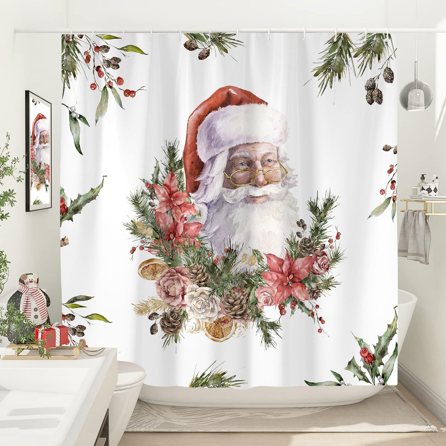 Juego de cortinas de ducha de Papá Noel, Año Nuevo, Navidad, Navidad, flor de pascua, curcianos de baño, tela impermeable, decoración de bañera,