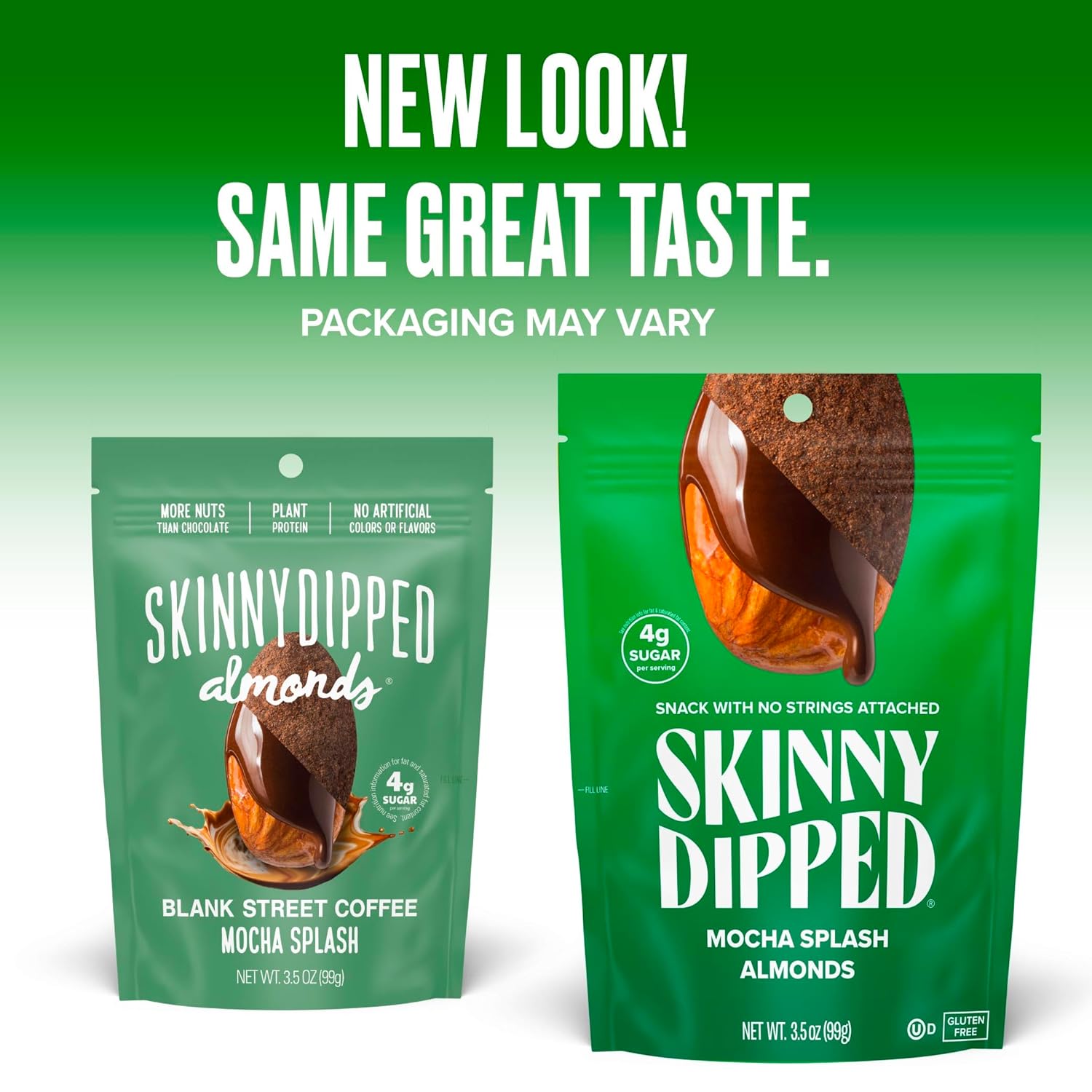 SkinnyDipped Almendras Mocha Splash, aperitivo saludable, proteína vegetal, sin gluten, bolsas resellables de 3.5 onzas, paquete de 5