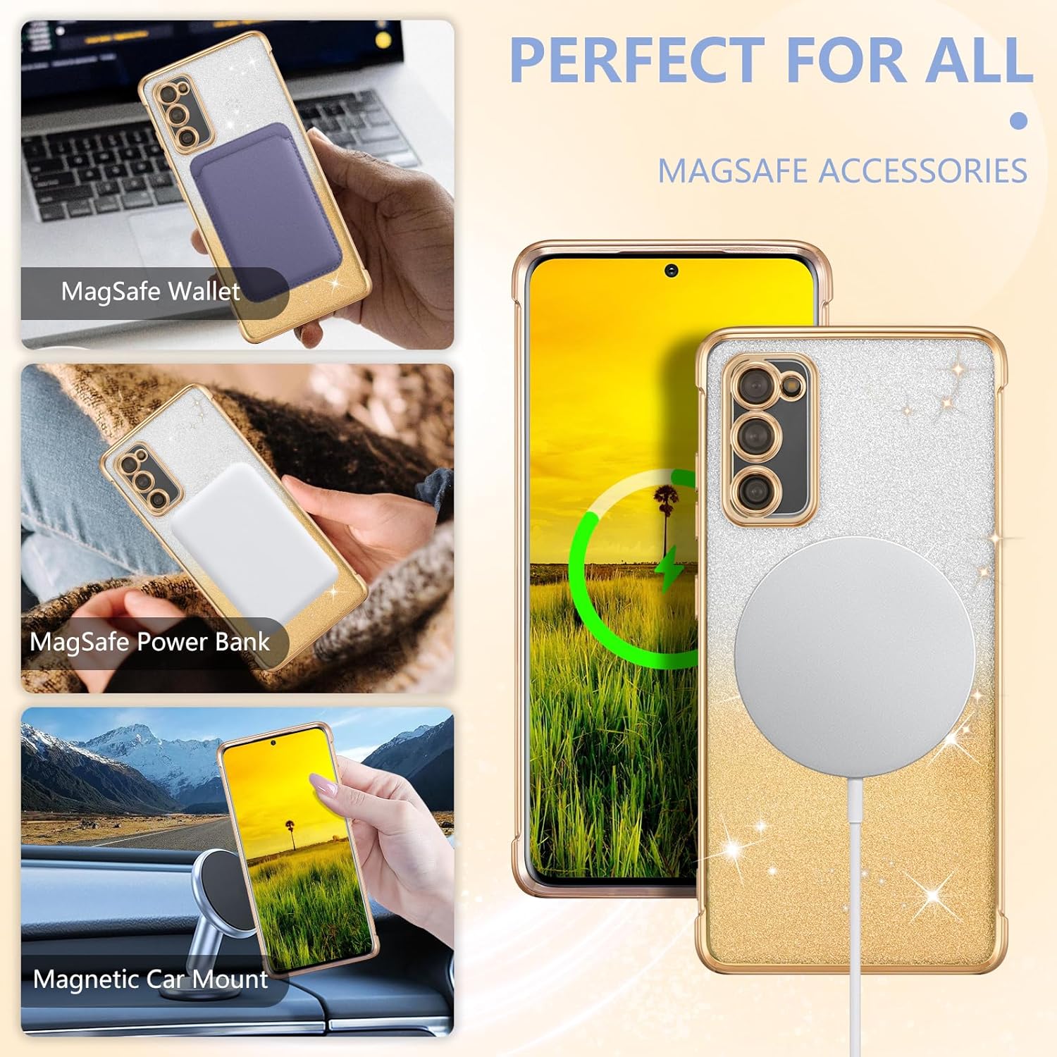 ZTOFERA Funda magnética para Samsung Galacxy S20 FE 5G con purpurina degradada, compatible con MagSafe Funda protectora de TPU chapada de lujo para