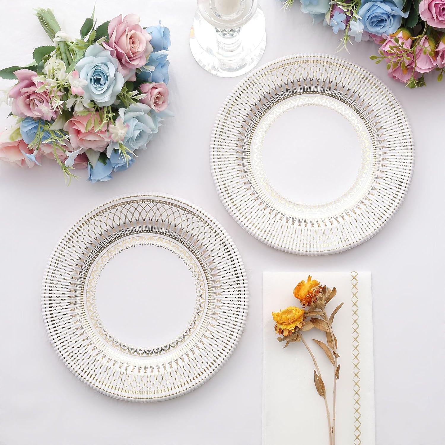 Efavormart – Paquete de 25 platos de papel de postre estilo vintage de porcelana dorada y blanca de 8 pulgadas, platos de fiesta desechables