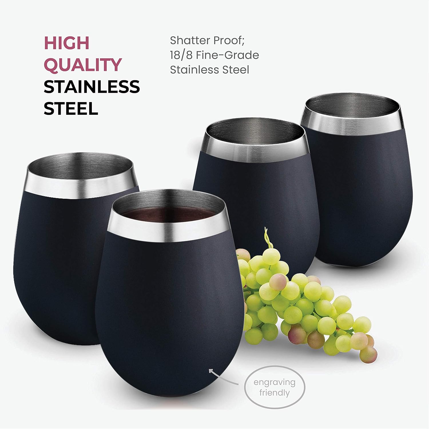 Vasos de vino irrompibles de acero inoxidable, juego de 4 copas de vino de 18 onzas. Juego de copas de vino para vino rojo y blanco sin tallo de