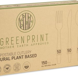 GREENPRINT Juego de cubiertos compostables (paquete de 150) 50 tenedores, 50 cucharas, 50 cuchillos, cubiertos desechables biodegradables, GREENPRINT Juego de cubiertos compostables (paquete de 150) 50 tenedores, 50 cucharas, 50 cuchillos, cubiertos desechables biodegradables,