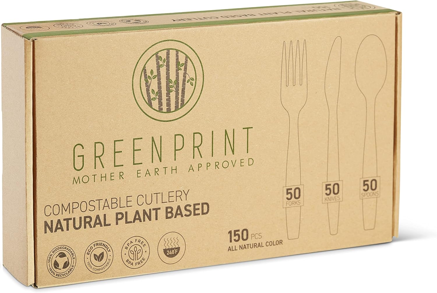 GREENPRINT Juego de cubiertos compostables (paquete de 150) 50 tenedores, 50 cucharas, 50 cuchillos, cubiertos desechables biodegradables,