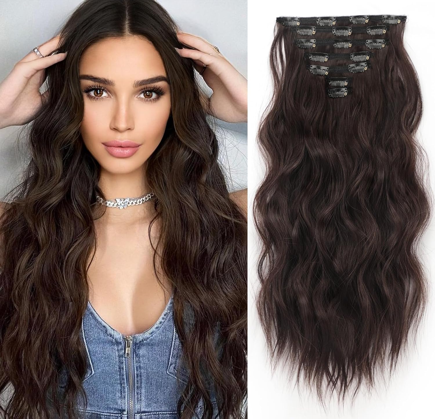 Extensiones de cabello marrón con clip para mujer, 7 unidades, extensiones de cabello largo y rizado, extensiones de cabello largo y grueso,