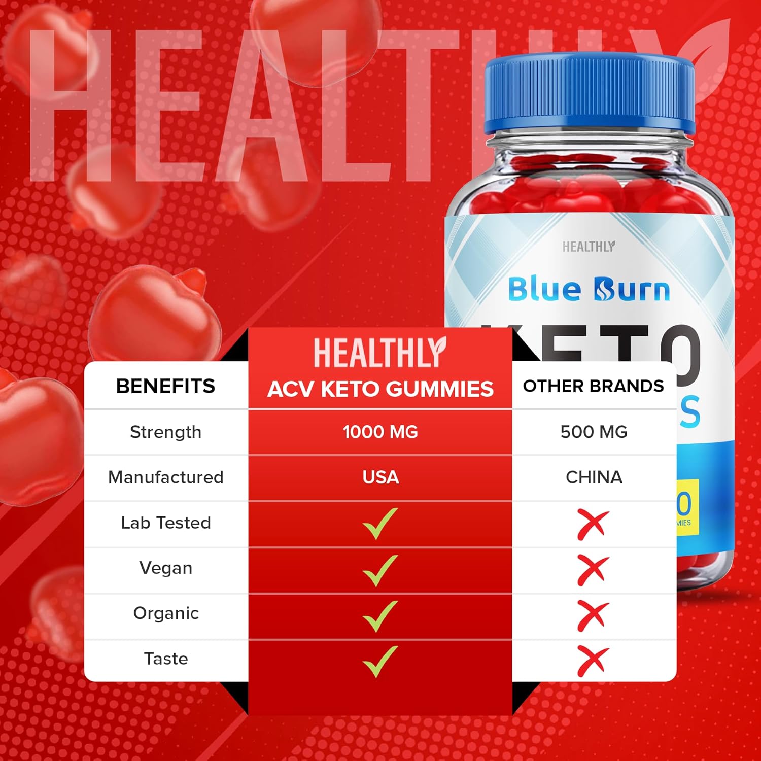 Blue Burn – Gomitas Keto  Fórmula oficial, veganas  BlueBurn Keto Acv Gomitas de sidra de pérdida de peso con vinagre de sidra de manzana, 1000 mg,