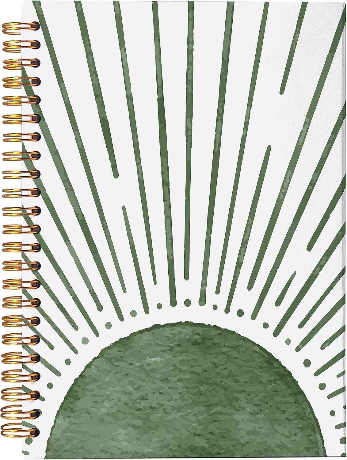 NEGIGA Cuaderno abstracto bohemio con espiral, rayado verde, amanecer, sol, sol, rayos, 8.3 x 5.5 pulgadas, tapa dura, con rayas universitarias,