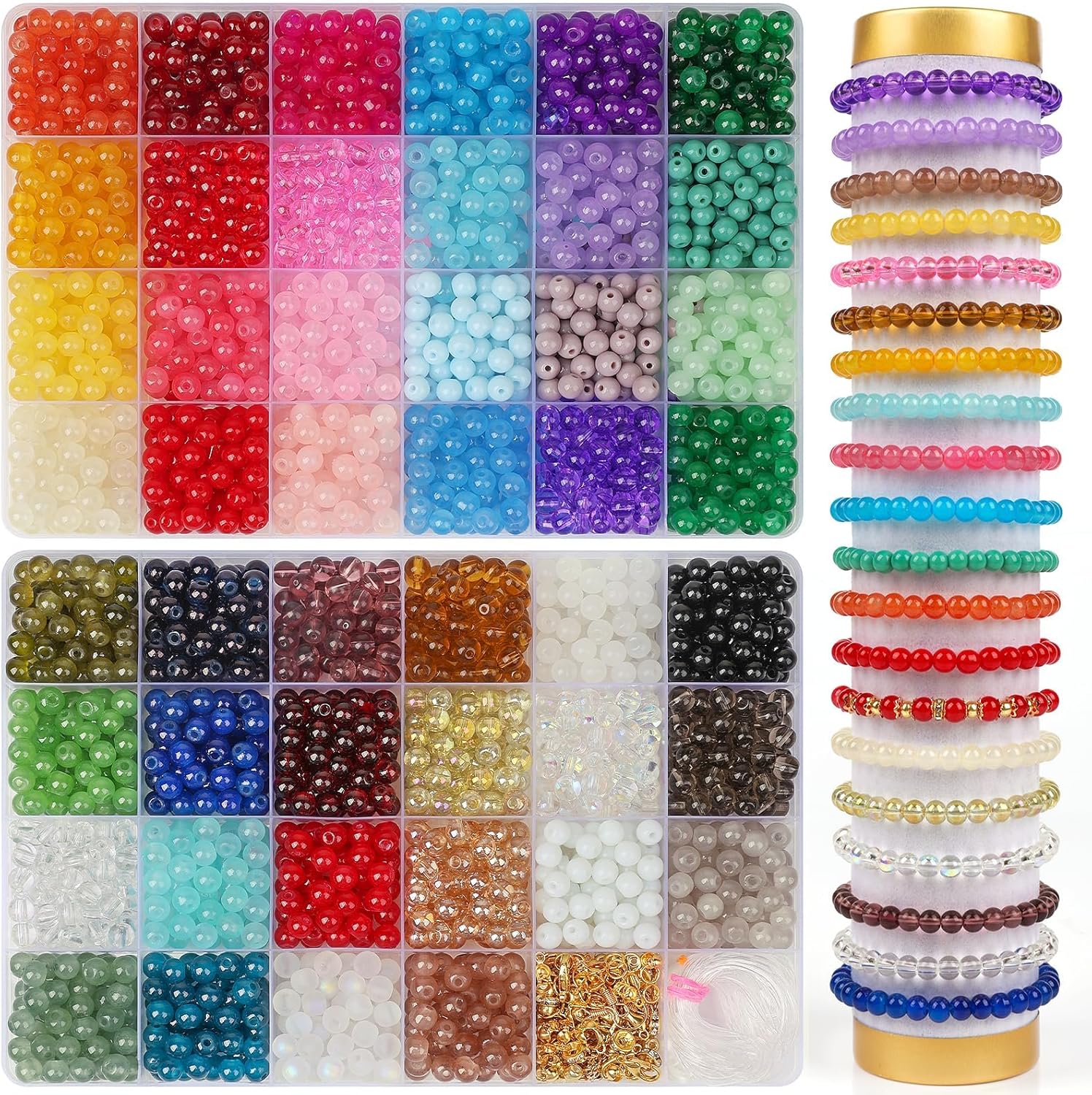 XSEINO 2500 cuentas redondas de vidrio de 0.236 pulgadas para la fabricación de joyas, cuentas de cristal de 46 colores para pulseras, fabricación