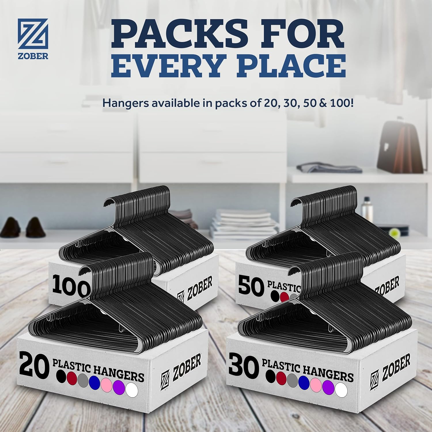 ZOBER Perchas de plástico para ropa, color negro, paquete de 50 perchas para camisas, vestidos y pantalones, perchas de plástico duraderas y