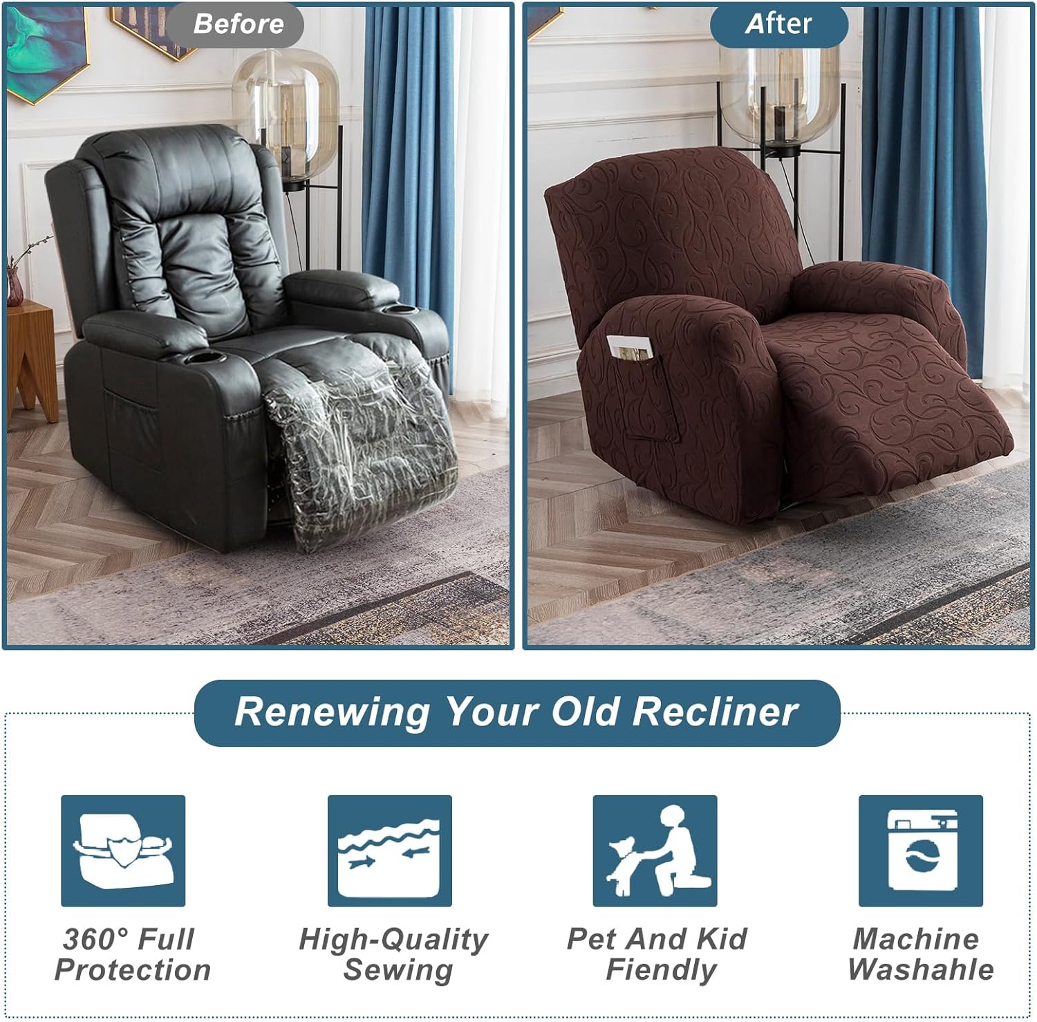 YUEANG Funda reclinable elástica de 4 piezas, funda de sofá para sofá reclinable de 1 asiento, protector de muebles lavable con parte inferior