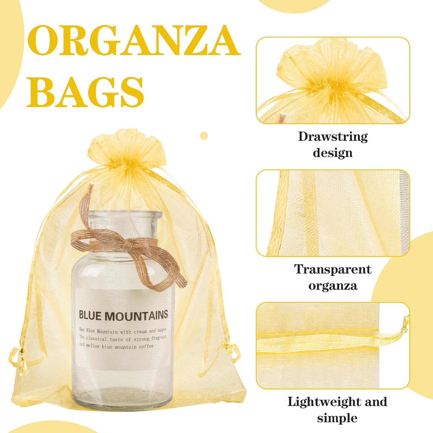 YunKo 50 bolsas de organza de 6 x 9 pulgadas con cordón, bolsas de regalo de malla, bolsas de regalo de organza blanca transparente para bodas