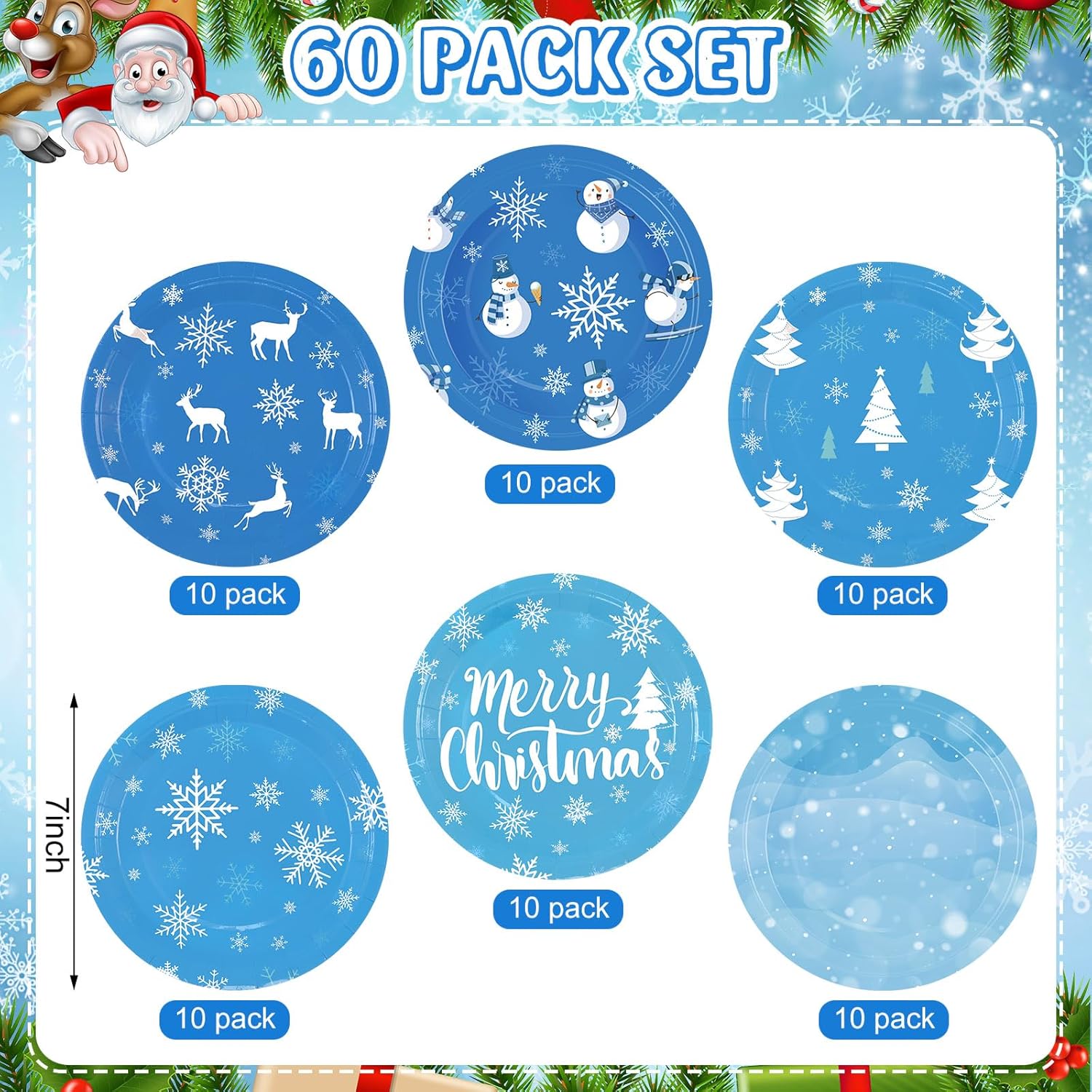 Gerrii 60 platos de fiesta de Navidad de 7 pulgadas, desechables, de papel, copos de nieve, para postre decorativos, para fiestas de Navidad,
