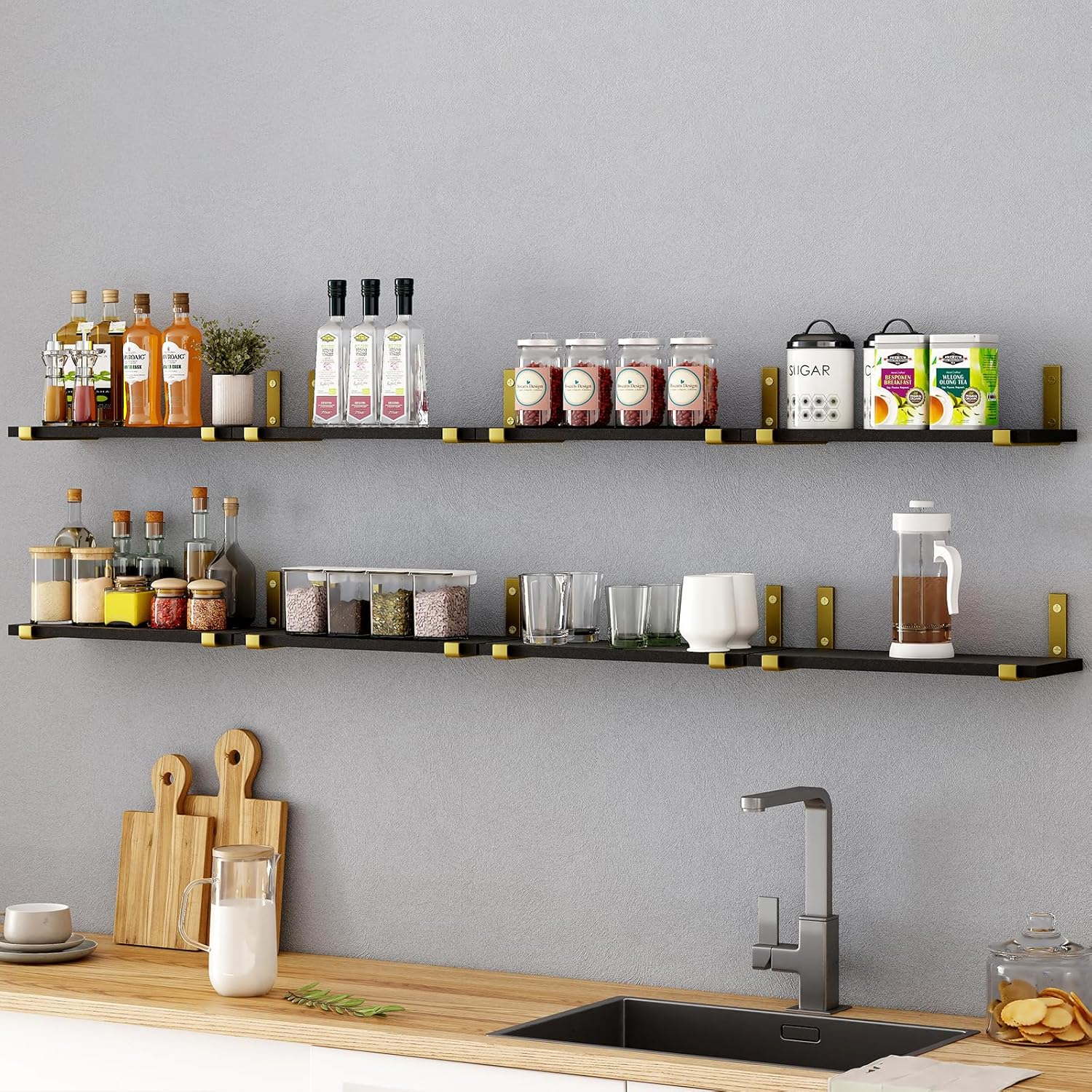 YGEOMER Estantes flotantes, juego de 8, estantes rústicos de pared, estante flotante de madera para dormitorio, sala de estar, libro y baño (negro