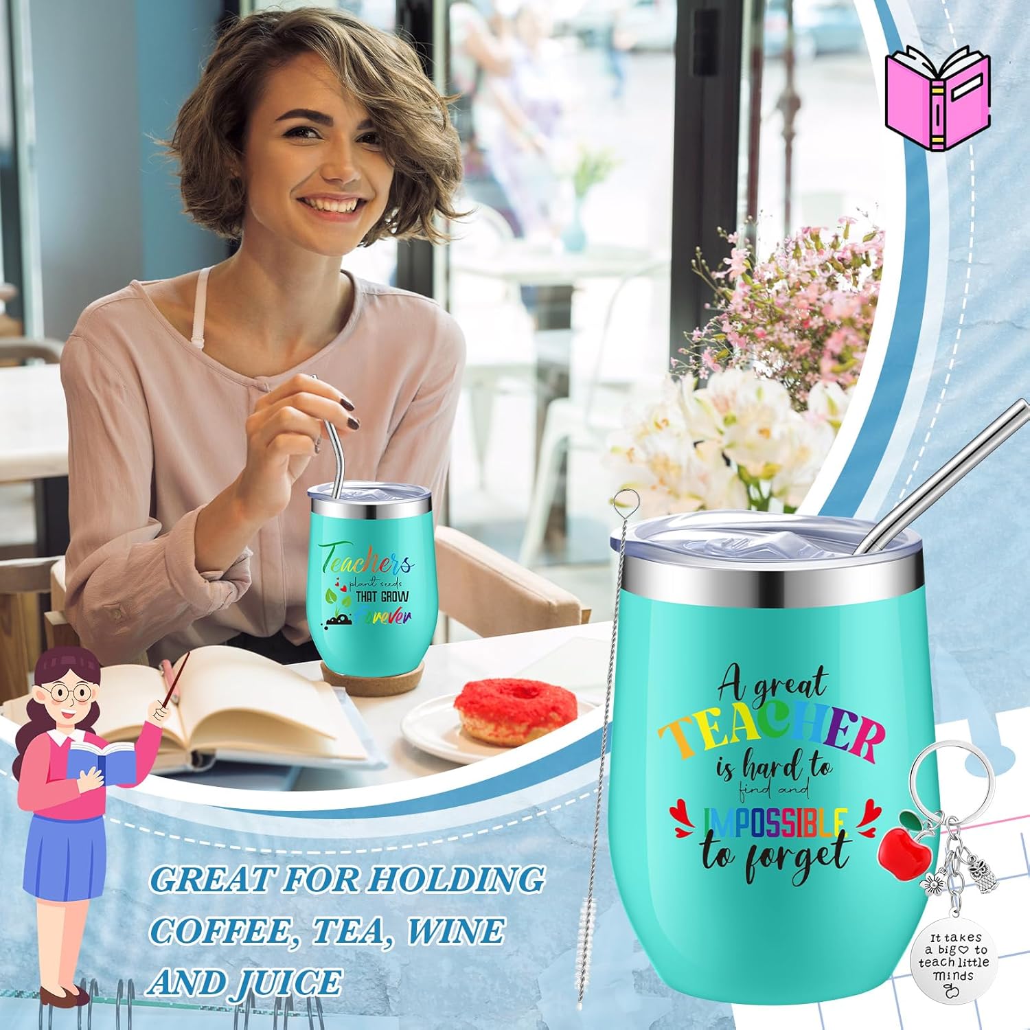 Nuanchu Juego de 12 vasos de vino de acero inoxidable con tapas y pajitas para profesores, regalos de agradecimiento para profesores, regalos de