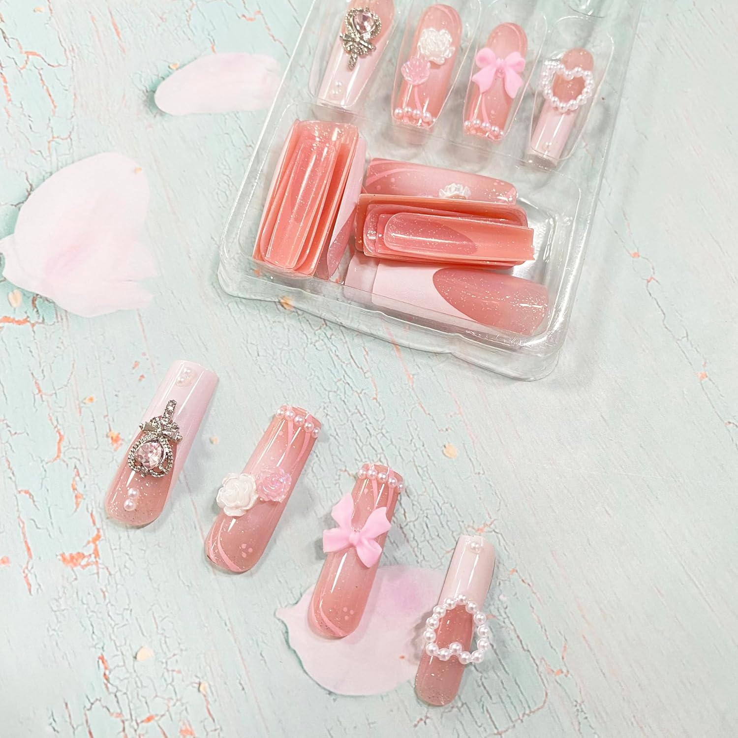 24 uñas postizas largas a presión con punta francesa con lazo de encanto, diseños de camelia, uñas adhesivas de cobertura completa, uñas adhesivas