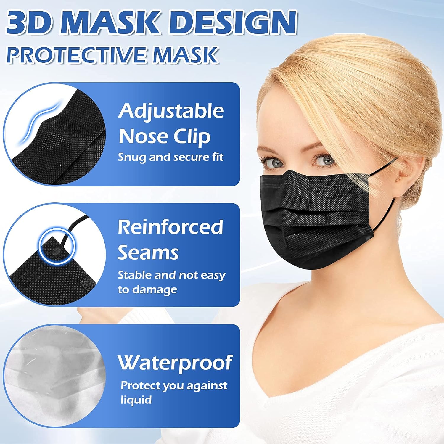 XDX Mascarillas desechables negras, paquete de 50 unidades, mascarillas de 4 capas envueltas individualmente para mujeres, hombres, adultos, unisex,