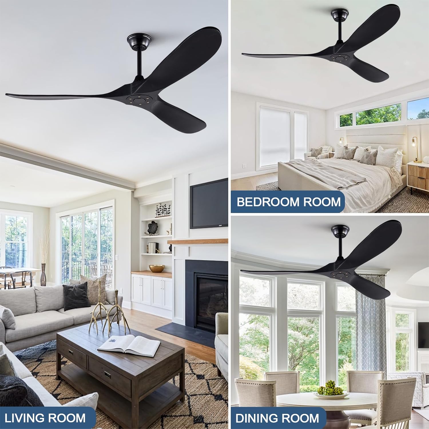 BOOMJOY Ventilador de techo de madera moderno de 60 pulgadas sin luces, motor CC reversible sin ruido, ventiladores de techo de 60 pulgadas para