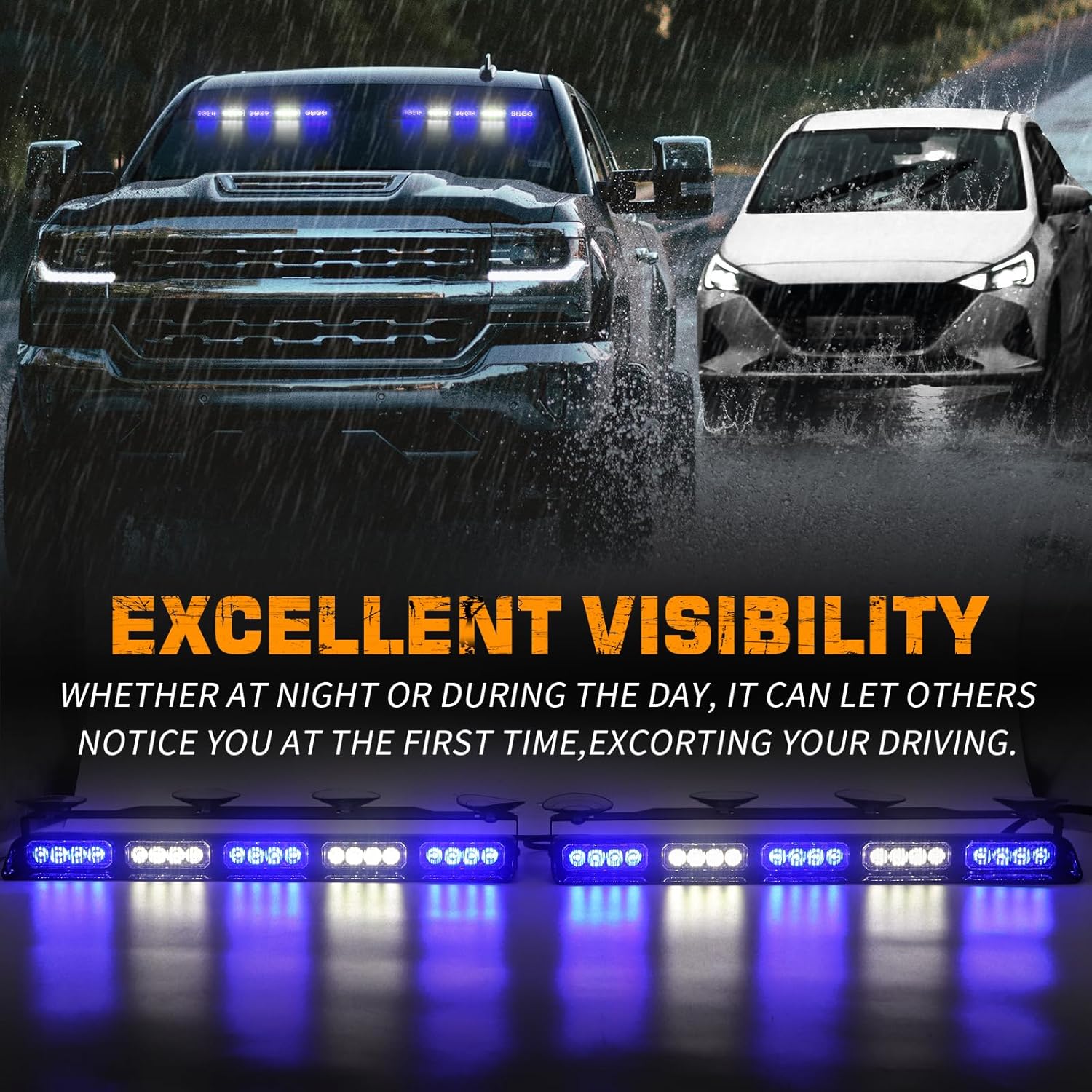XRIDONSEN 2 barras de luces estroboscópicas de emergencia azul y blanco de 17 pulgadas, 40 luces LED interiores delanterastraseras para parabrisas