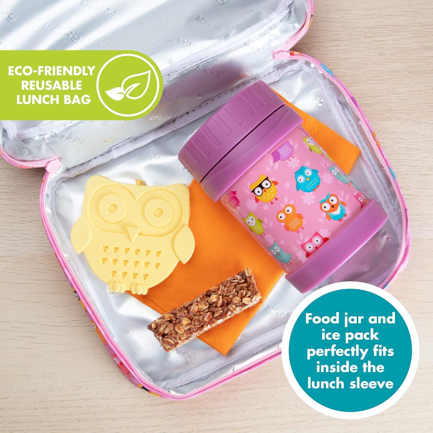 Bentology Juego de bolsas de almuerzo para niños, color rosa y amarillo, incluye bolsa de hielo duro reutilizable y termo de acero inoxidable para