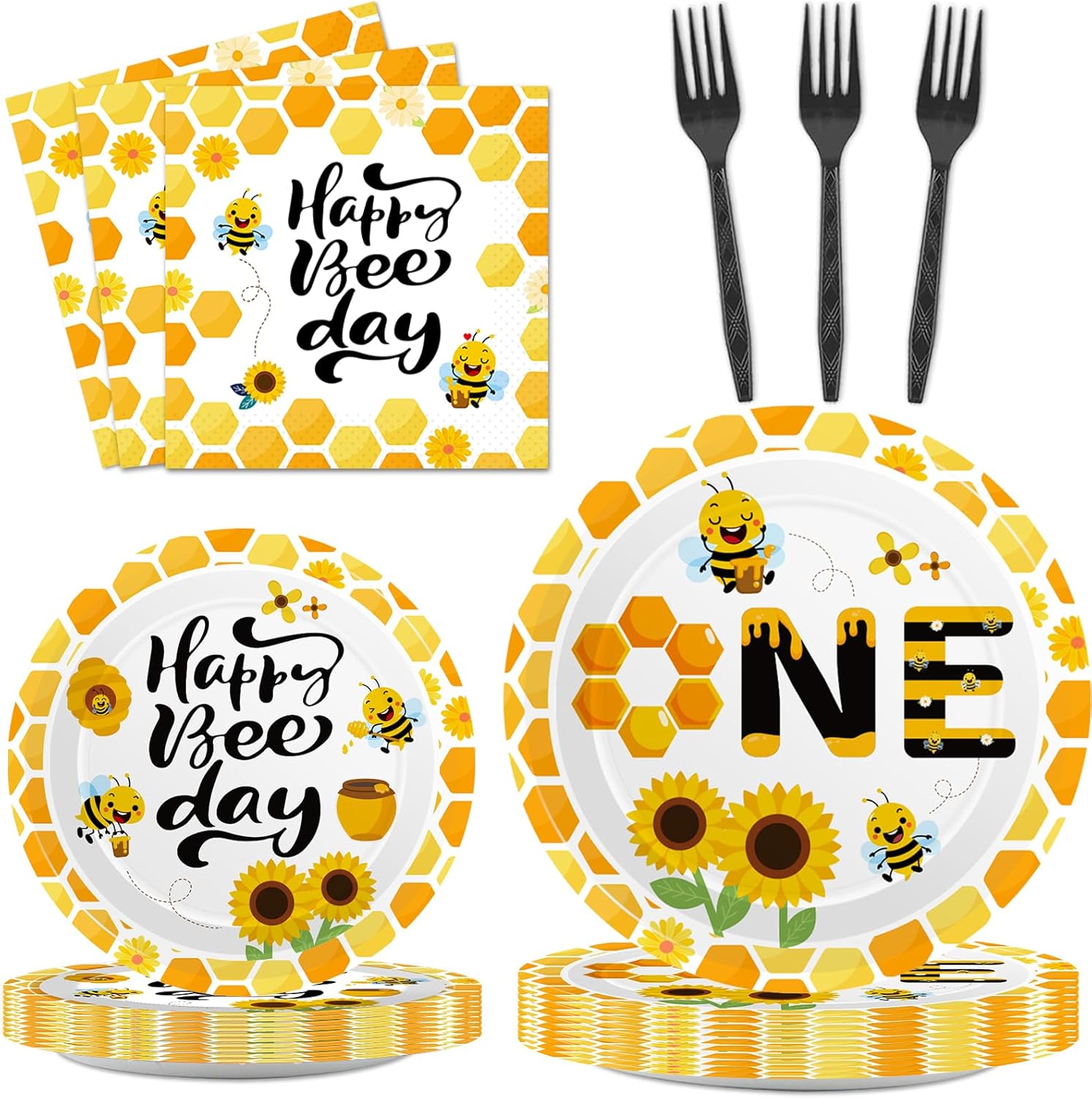 100 piezas de suministros de fiesta de primer cumpleaños de abeja, platos de papel y servilletas desechables para decoración de primer cumpleaños de