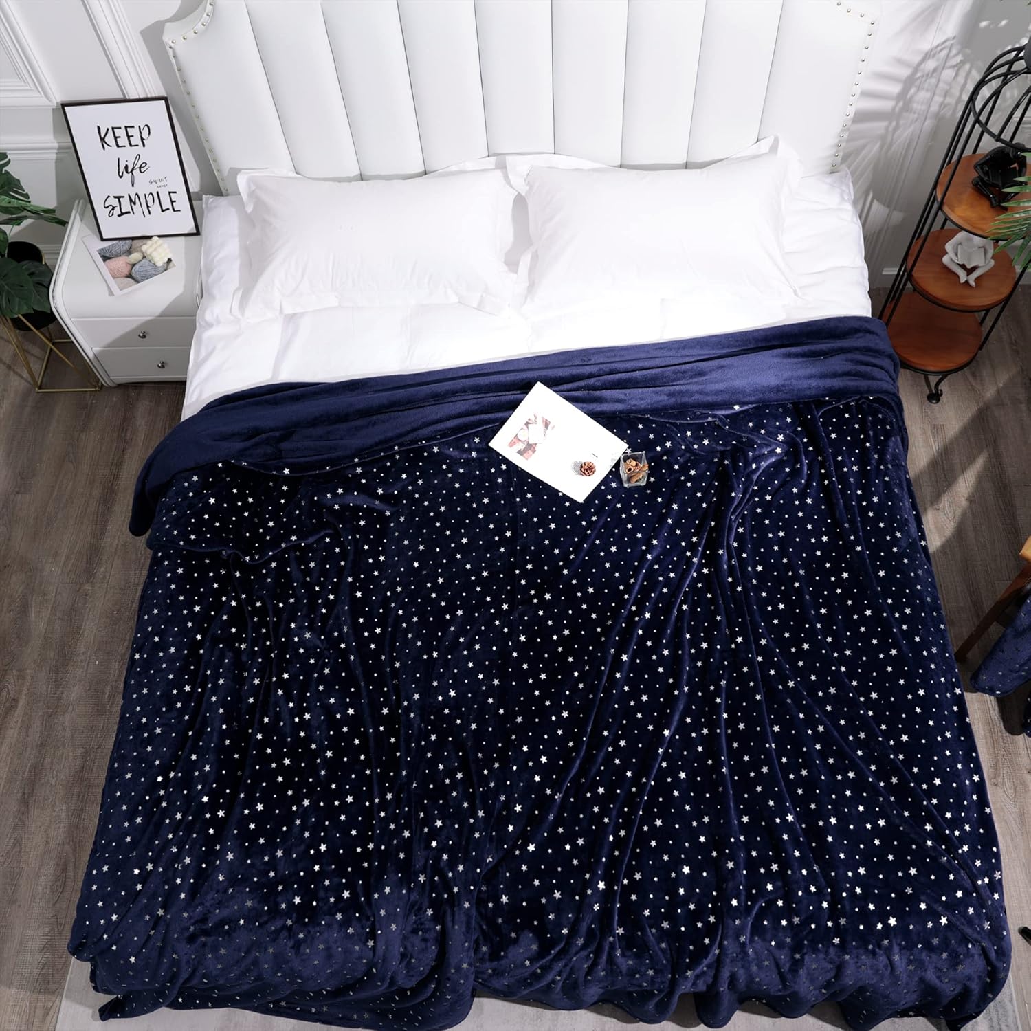 Stellhome Manta azul marino, ultra suave, gruesa, de franela con estampado de estrellas, manta de cama de forro polar para sofá, tamaño individual