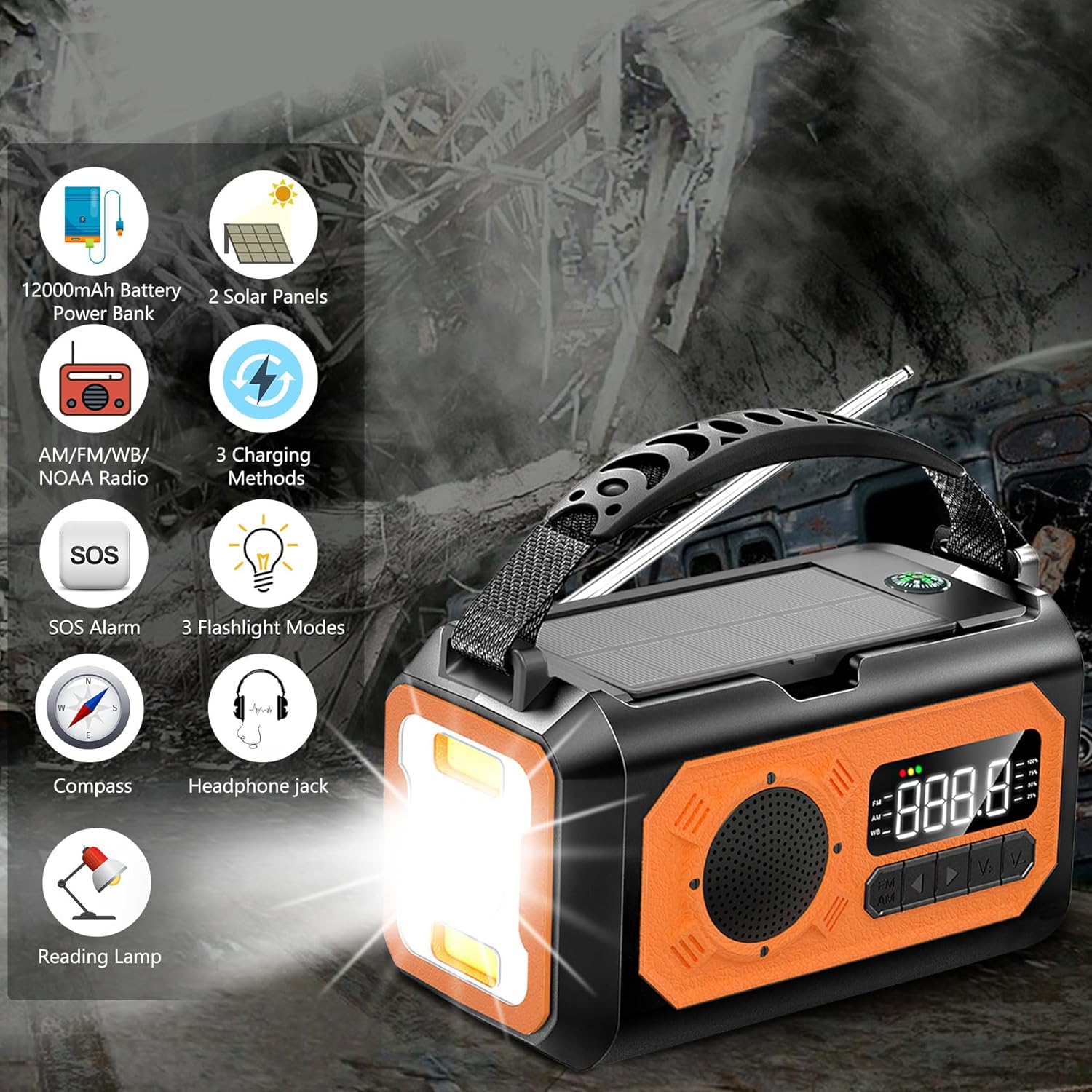 Radio de emergencia con manivela de 12000 mAh, radio meteorológica AMFMNOAA, radio de emergencia, radio solar multifuncional, 2 paneles solares,