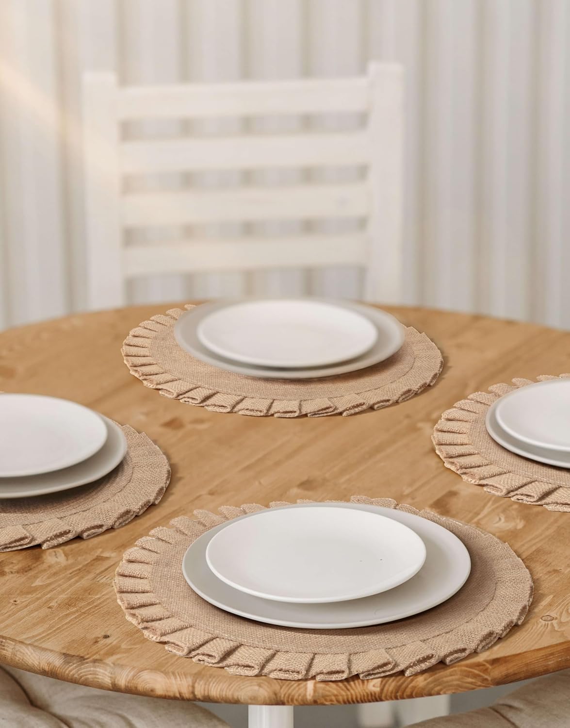 Juego de 6 manteles individuales redondos de arpillera con volantes, decoración de mesa, manteles individuales bohemios de yute natural para mesa de
