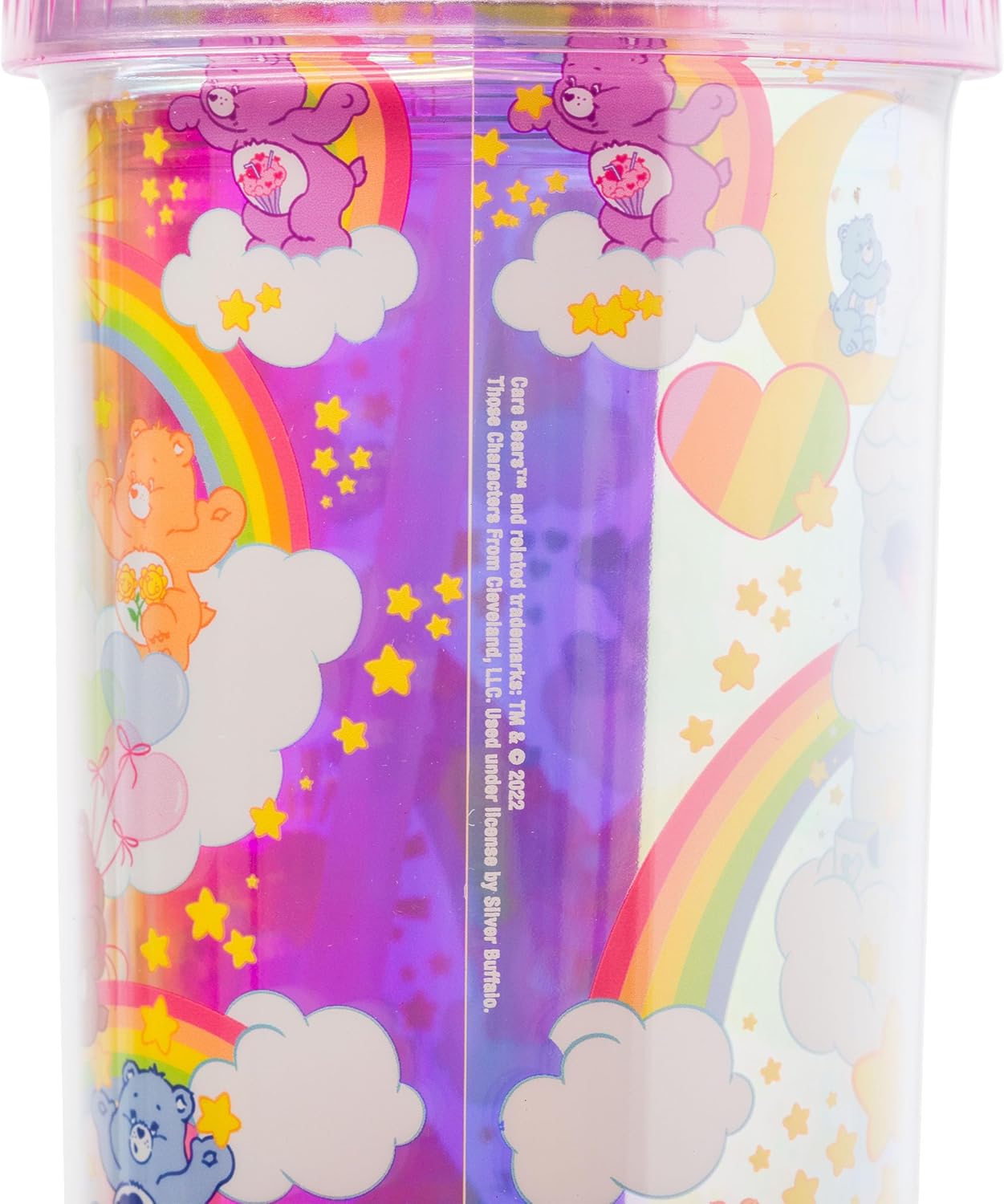 Silver Buffalo Care Bears – Vaso alto de plástico iridiscente con tapa y pajilla, con Funshine Bear, Grumpy Bear, Cheer Bear, Tenderheart Bear, 20