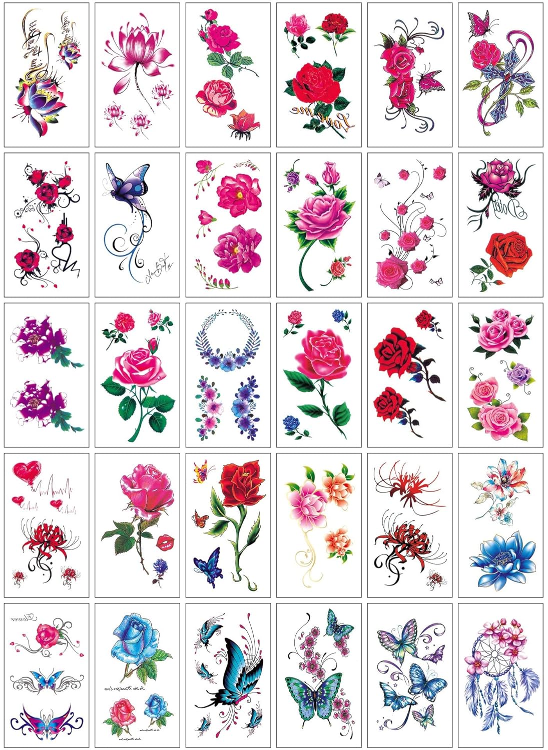 30 hojas de tatuajes temporales de rosas para mujeres y niñas, 3D de flores de mariposa sexy, calcomanías de tatuaje falsas, impermeables, arte