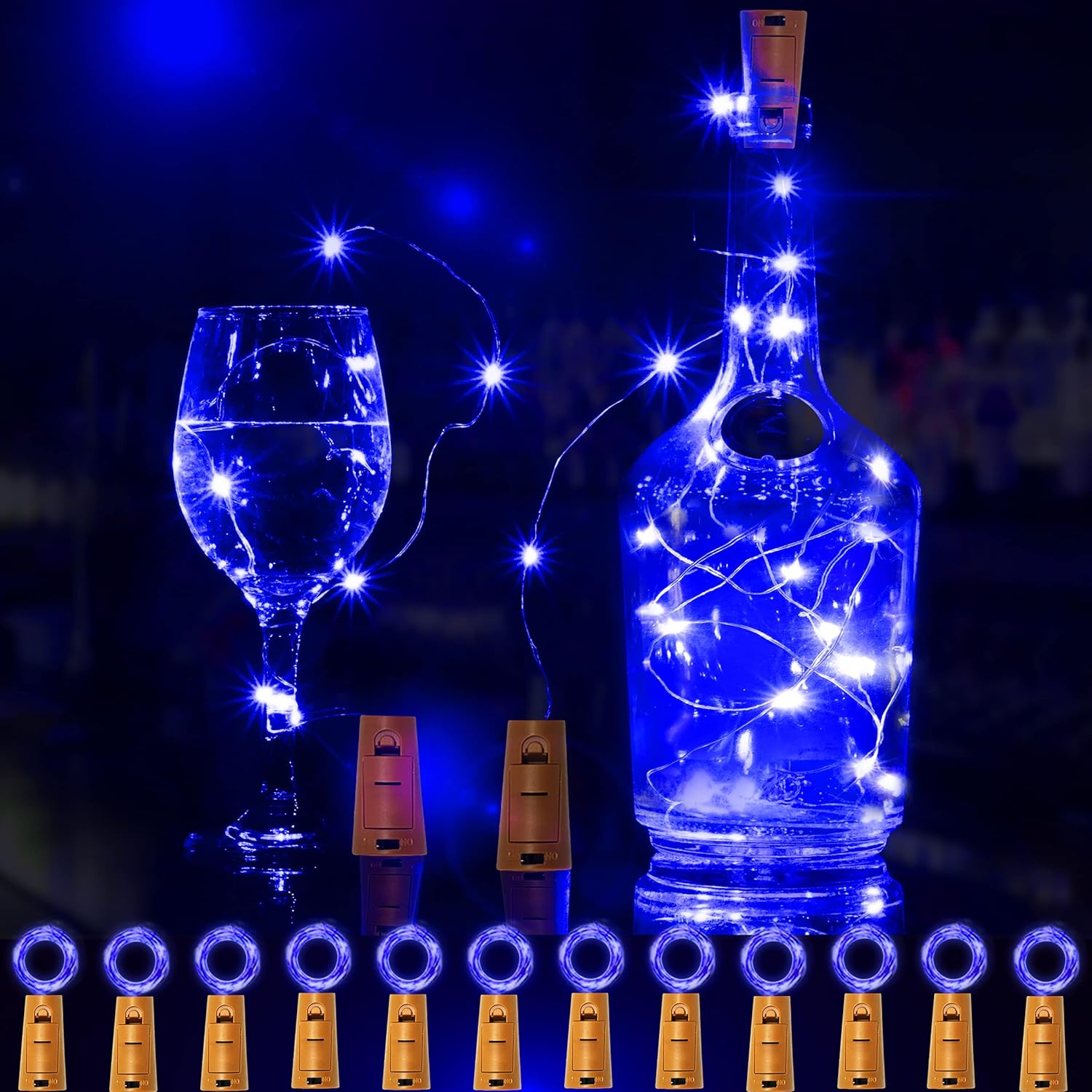 Paquete de 12 20 luces LED para botellas de vino con corcho, cadena de luces de alambre plateado, funciona con pilas, luces de corcho para botella