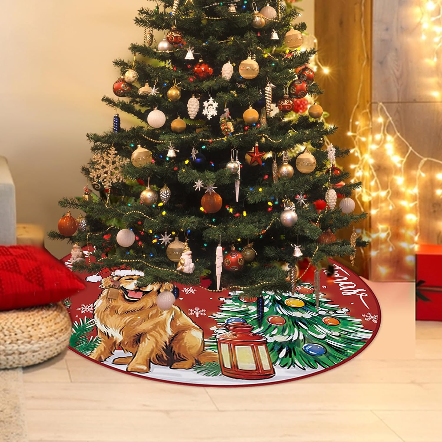 Feliz Navidad Golden Retriever – Falda de árbol de perro de 36 pulgadas con cordones, sombrero de Papá Noel, falda de árbol de Navidad roja