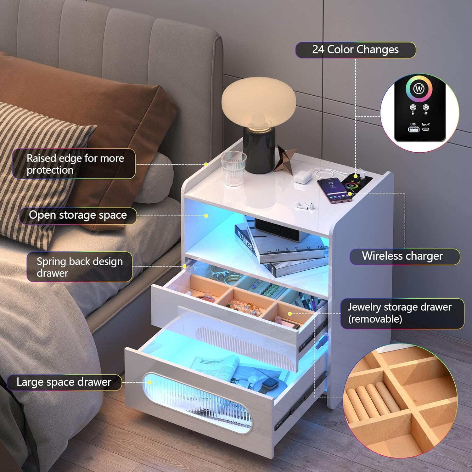dnbss Mesita de noche LED RGB con estación de carga, moderna mesita de noche con cajones de almacenamiento de joyas, soporte de noche inteligente