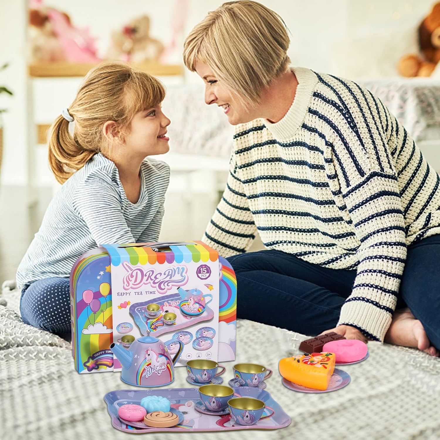 SAITI Juego de té de fiesta temática de unicornio para niñas pequeñas, juego de té de princesa, tetera de juguete de regalo para niños, suministros