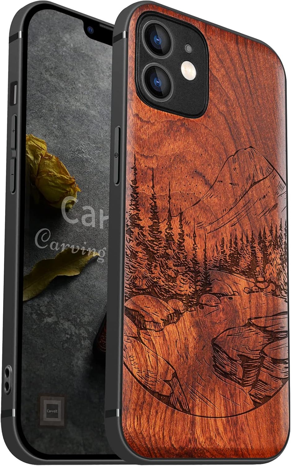 Carveit Funda magnética de madera para iPhone 12 madera natural y TPU suave negro a prueba de golpes, funda de madera única compatible con magsafe