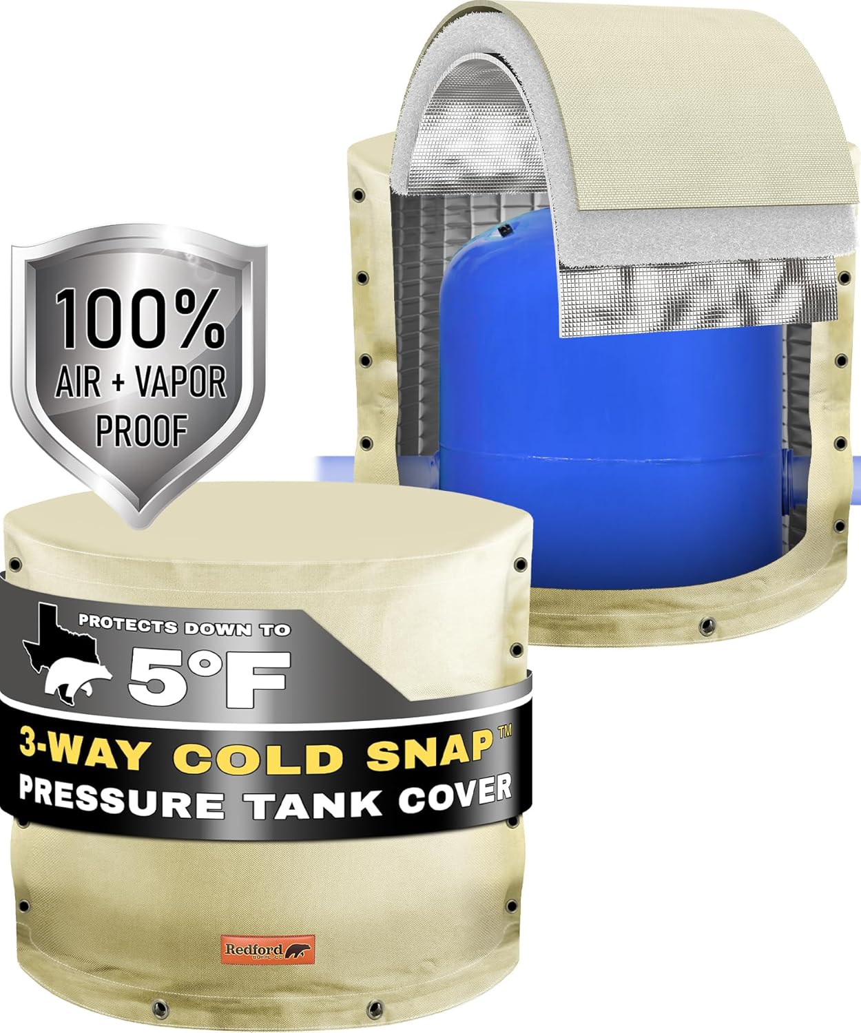 Redford Supply Co. Cold Snap (5F) Cubierta redonda de tanque de presión de agua personalizada con apertura de 3 vías, cubierta de tanque de agua
