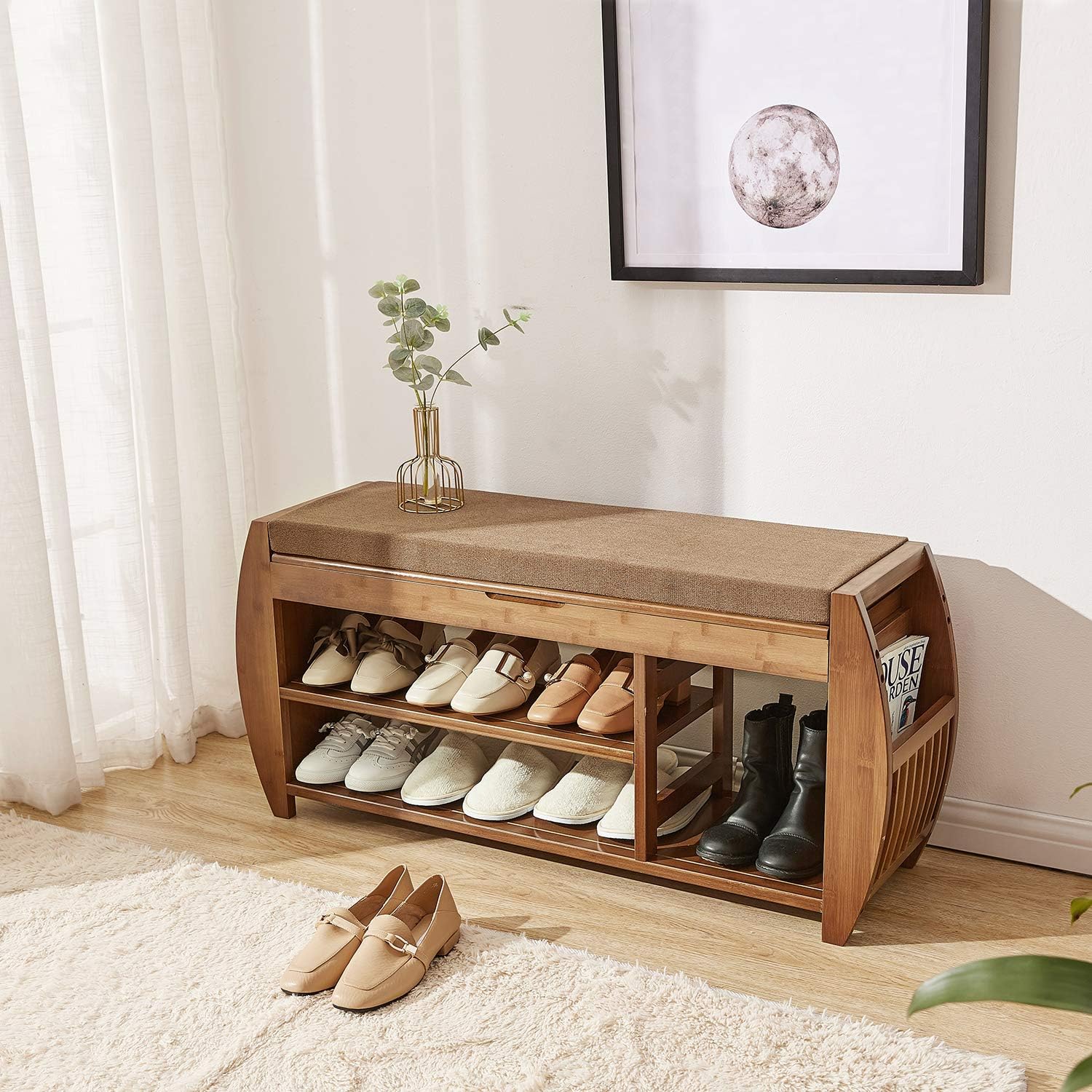Zapatero y banco de zapatos de bambú, organizador de almacenamiento de entrada, multifunción para pasillo, baño, sala de estar, pasillo y jardín,