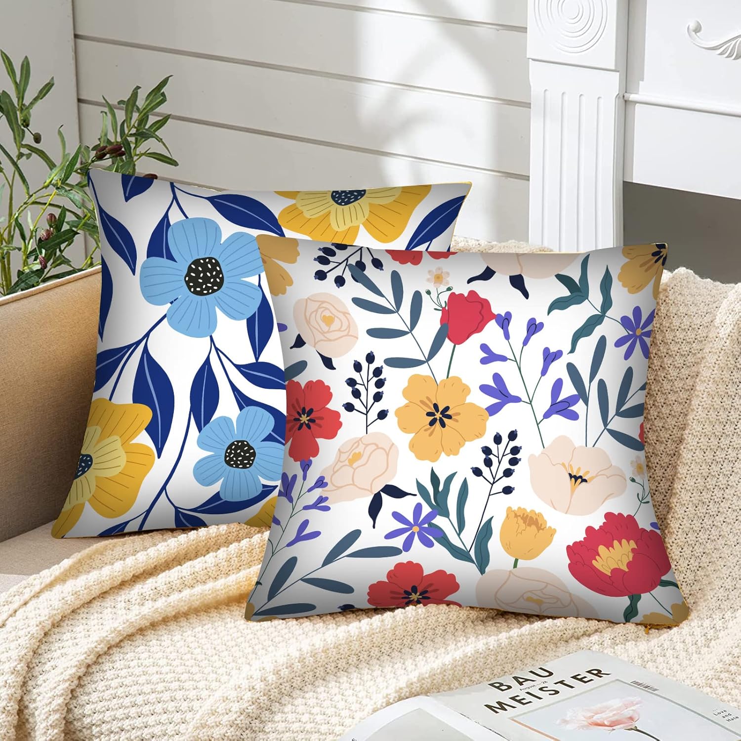 Nordics – Juego de 4 fundas de almohada florales bohemias, fundas de almohada de flores silvestres, peonías y rosas, suaves y cómodas para cama de